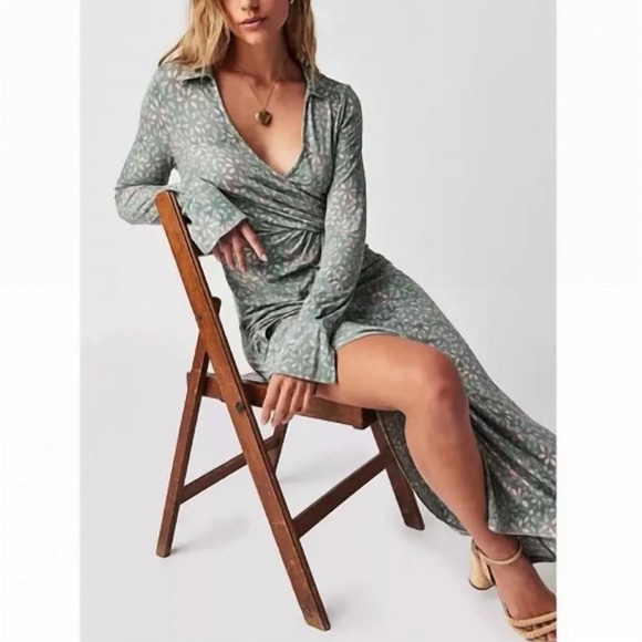 Free People Shayla Wrap Midi Dress Mint Combo Green Floral Long Sleeve - Picture 1 of 10